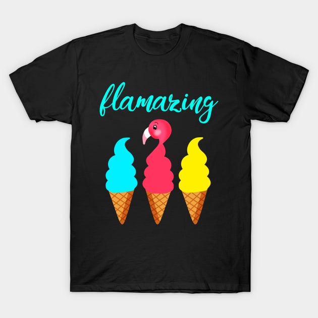 Summer vibes 2020. Flamazing amazing. Funny flamingo pun. Cute sweet ice cream cones. Pink flamingo icecream in a cone cartoon. T-Shirt by IvyArtistic
